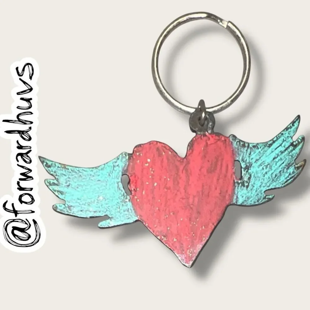 Bundle Sale 3 for $15 | Heart with Wings Keychain – Red Glitter & Turquoise
